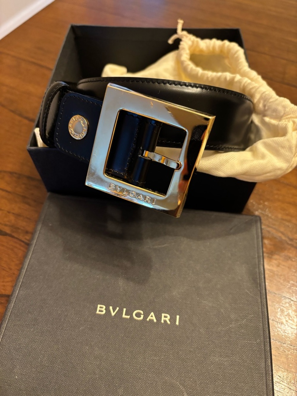 Bulgari Vintage Women’s Black Leather Belt with Gold Square Buckle (new)